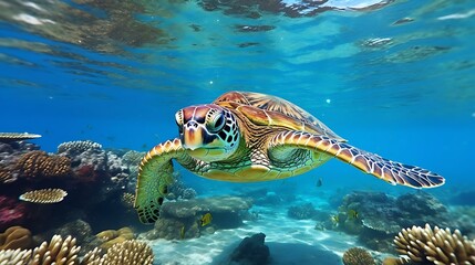 Wall Mural - a turtle swimming in the water