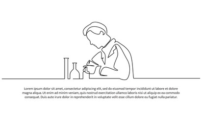 Wall Mural - Continuous line design of the man doing lab testing. Decorative elements are drawn on a white background.