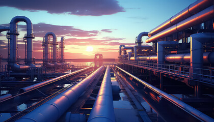 golden sunset at an oil refinery with pipeline system.