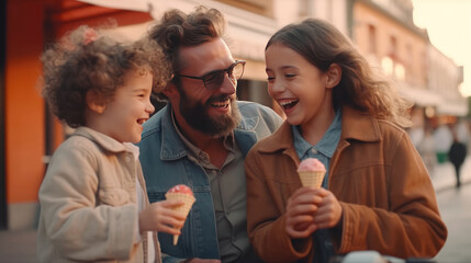 Happy family eating ice cream cone