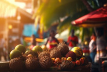 Colorful Tropical Fruits Displayed On A Caribbean Market Stall AI Generated