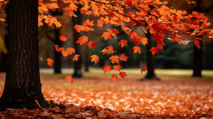Wall Mural - Beautiful park with falling maple leaves new quality universal colorful technology stock image illustration design, generative ai