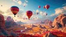 Hot Air Balloons Flying Over Beautiful Landscape. Created With Generative AI Technology.