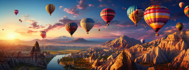 hot air balloons flying over beautiful landscape and river. created with generative ai technology.