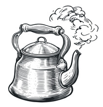Boiling Retro Kettle Style Old Engraving. Sketch Vintage Vector Illustration