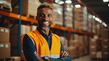 Aufkleber - portrait of African American warehouse manager standing in a large distribution center, Logistic import export concept.