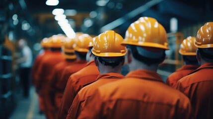 Aufkleber - Rear view of workers at a heavy industry manufacturing factory, Group of workers.