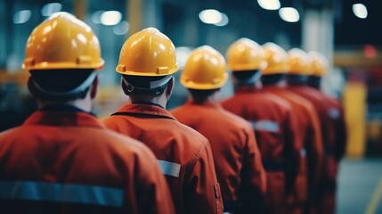 Aufkleber - Rear view of workers at a heavy industry manufacturing factory, Group of workers.