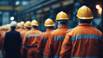 Aufkleber - Rear view of workers at a heavy industry manufacturing factory, Group of workers.