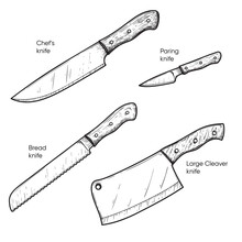 Hand Drawn Sketch Style Knives Set. Large Cleaver, Bread, Paring And Chef's Knives. Best For Restaurant Menu,  Kitchen And Food Designs. Vector Illustrations.