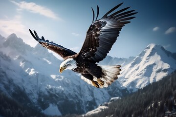 A majestic bald eagle in flight, its wings outstretched against a backdrop of snow-capped mountains, a symbol of freedom and strength.