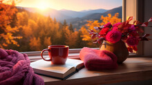 Red Coffee Cup On The Table, Autumn Forest View On The Window Generative AI