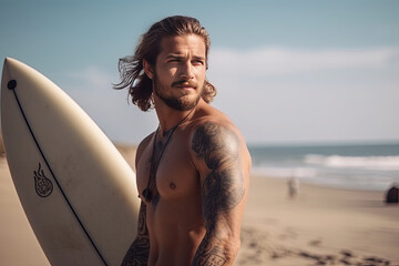 Sexy surfer with surfboard on the beach. Handsome, tattooed man holding surfboard with long, wet hair on summer beach sport holiday. Surfing lifestyle. Generative A