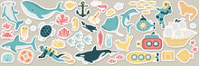 Vector Ocean Stickers Mega Set With Whale,turtle,submarine,shark,crab,octopus,diver,penguin,squid,dolphin,walrus,ship.Underwater Animals.Illustration For Fabric,clothing,book,postcard,wrapping Paper