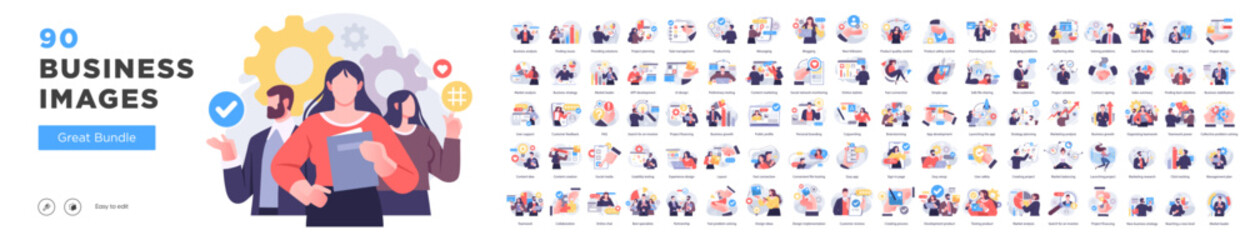 business concept illustrations. mega set. collection of scenes with men and women taking part in bus