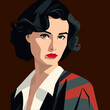 Woman with stern look, dark hair, red accents, red lips.