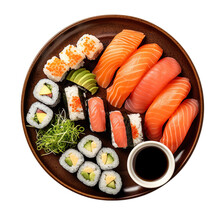 Top View Of Sushi Platter With Fresh Wasabi And Soy Sauce