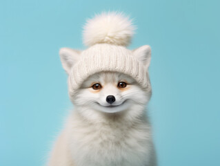 Portrait of happy polar fox with white winter cap against pastel blue background. Generative AI.