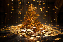 Fountain Of Gold Coins Raining On Black Background. Generative AI