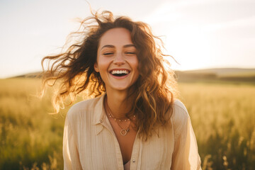 young happy smiling woman standing in a field with sun shining through her hair