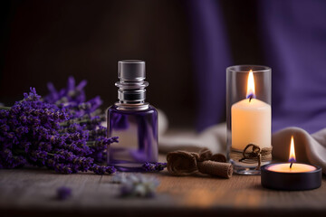  Spa oil and burning candle with lavender flowers on wooden table, AI Generated.