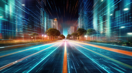 Digital data flow on road with motion blur to create vision of fast speed transfer .