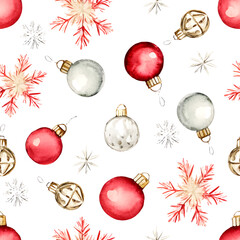 watercolor vector christmas seamless pattern with red and white balls and snowflakes.