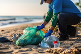Fototapeta Uliczki - Person collecting plastic garbage on the beach. Generative ai