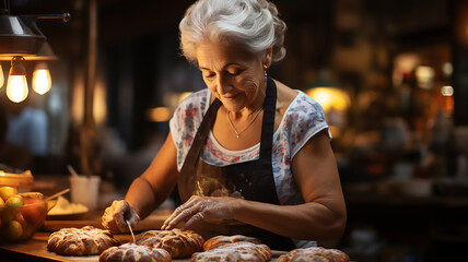 Wall Mural - One senior old confident woman prepare bread at bakery