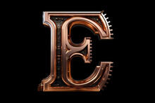 Shiny Metal Alphabet With Gears And Rivets Isolated On Black Background, Capital Letter E, Metallic 3D Steampunk Font Design, Creative Retro Abc For Poster, Wallpaper, Movie. Generative AI.