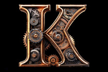 Shiny Metal Alphabet With Gears And Rivets Isolated On Black Background, Capital Letter K, Metallic 3D Steampunk Font Design, Creative Retro Abc For Poster, Wallpaper, Movie. Generative AI.