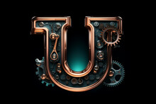 Shiny Metal Alphabet With Gears And Rivets Isolated On Black Background, Capital Letter U, Metallic 3D Steampunk Font Design, Creative Retro Abc For Poster, Wallpaper, Movie. Generative AI.