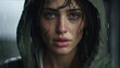 © Lila Patel - Portrait of Woman Wearing Raincoat Extreme Close up Face Wet