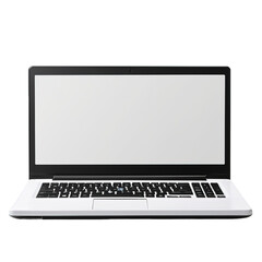 Poster - Laptop computer with white screen and angled keyboard, front and back view.