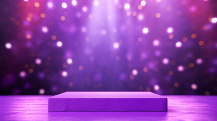 Festive empty purple stage or podium for product presentation, background with shiny glow beams lights and bokeh. Generative AI	