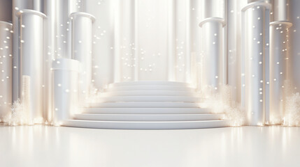 Festive empty white stage or podium for product presentation, background with shiny glow beams lights and bokeh. Generative AI