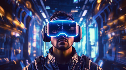 futuristic neon background. visualization of a man wearing virtual reality glasses, electronic head device 3d render