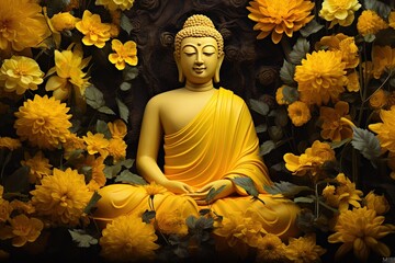 Wall Mural - Buddha statue with yellow flowers on black background.Generative Ai