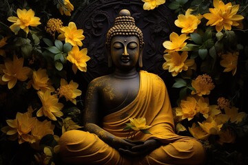 Sticker - Buddha statue with yellow flowers on black background.Generative Ai