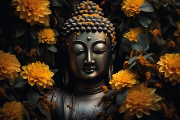 Buddha statue with yellow flowers on black background.Generative Ai