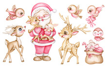 Set Of Cute Cartoon Christmas Characters, Funny Santa Claus With Deer And Bunny, Reindeer, Birds And Bag With Gifts. Hand Drawn Painting Watercolor Illustrations.
