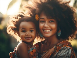 Wall Mural - African American mother and daughter smiling happily. Generative AI