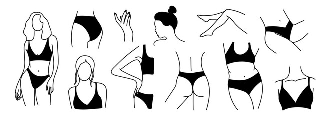 Woman parts. Female outline body in swimsuit or underwear elements. Hand drawn black and white minimal illustration. Sexy skin and plus size female characters in bra and panties. Vector isolated set