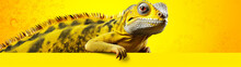 Banner With Yellow Chameleon On Isolated Background. Copy Space. Generative AI
