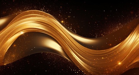 Golden wave with glitter on dark background, shiny gold moving lines design element abstract waves 3d illustration for presentation brochure, booklet, poster and disqount voucher Generative AI
