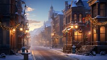 Winter Wonderland In Victorian City: Digital Matte Painting Of Snowy Street Landscape For Christmas And Holiday Urban Townscape. Generative AI