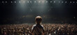 Small child gives a speech on stage in front of thousands people crowd, view from behind, neural network generated picture