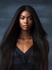 Wall Mural - Beautiful ebony african model woman with long hairstyle. Care and beauty hair products. 