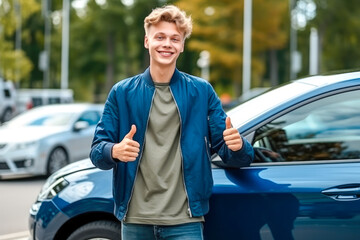 A happy teenage male standing beside new car, expressing pride and satisfaction in his achievement of obtaining a driver license and new car, symbolizing freedom and independence