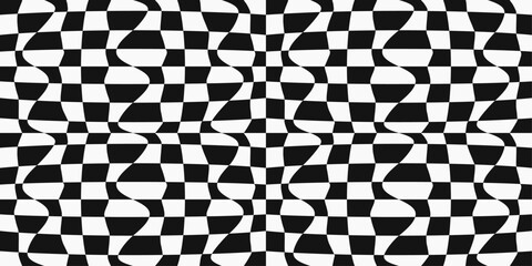 Fototapete - Checkerboard pattern from black and white racing phage, crooked checkerboard cells. For print and seamless use.